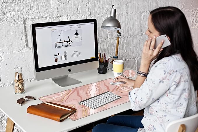 Gaming Mouse Pad Large Mousepad Pink Marble Desk Mat XXL Big Desk Pad 31.5x15.75 Rubber Base Computer Pad with Stitched Edges Mouse Mat for Work Game Home Office
