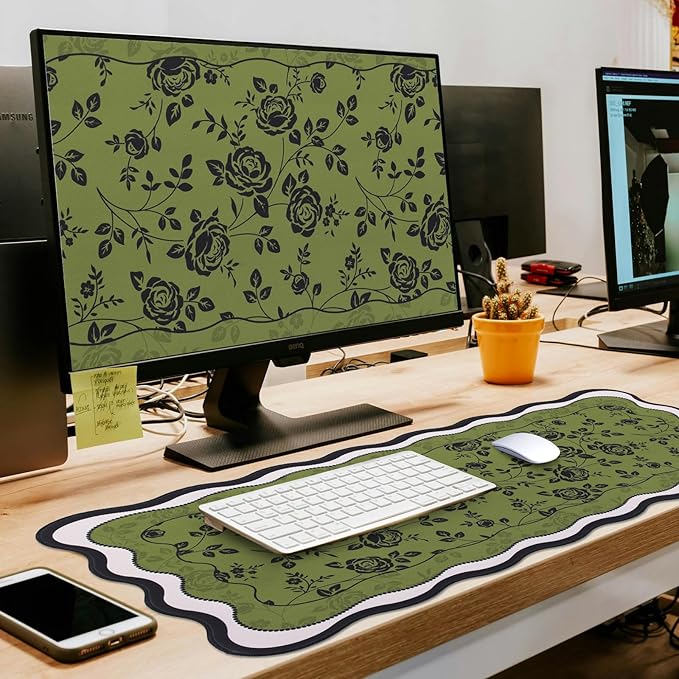 L-SPOUTTO Green Floral Mouse Pad,Aesthetic Desk Mat XXL Large Scalloped Gaming Mousepad,35.4x15.7in Non-Slip Keyboard Pad Waterproof Desktop Mat for Laptop Computer Work Game Office-Vintage Roses