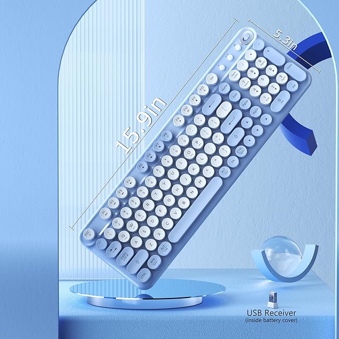 Wireless Bluetooth Keyboard - Full Size Retro Round Typewriter Style Wireless Keyboard with 2.4GHz & Bluetooth Dual-Mode Compatibility for PC, Laptop, Windows, Mac, and More (Blue)