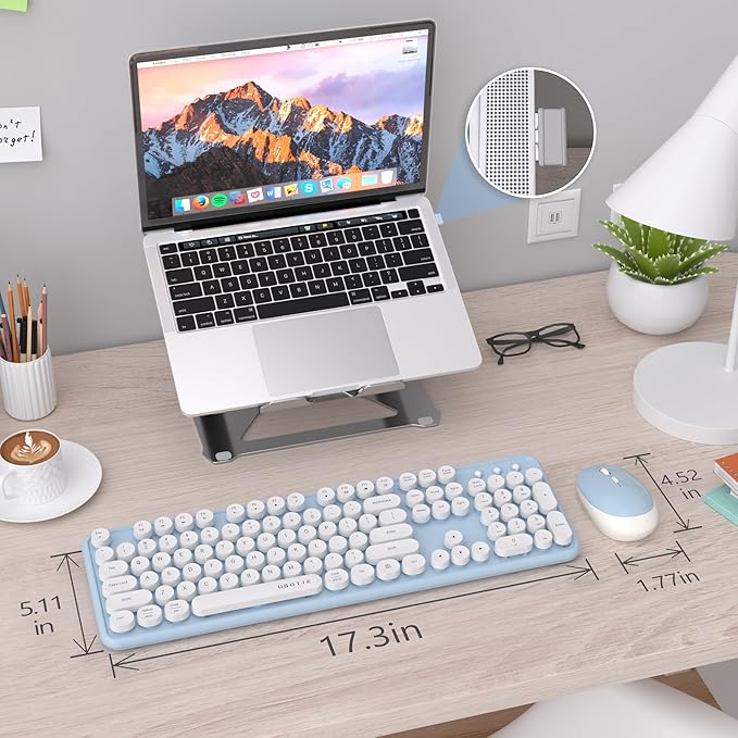 UBOTIE Colorful Computer Wireless Keyboard Mouse Combos, Typewriter Flexible Keys Office Full-Sized Keyboard, 2.4GHz Dropout-Free Connection and Optical Mouse (Blue-White)