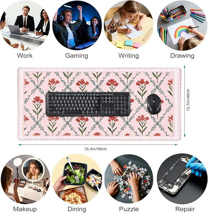 Pink Floral XXL Desk Mat - Extra Large Anti-Slip Mouse Pad with Stitched Edges for Women, Office & Home, Computer Keyboard Mat for Desk, Cute Aesthetic Office Supplies & Decor for Women