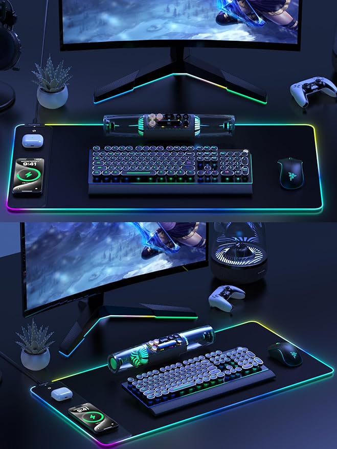 TopMade Wireless Charging RGB Mouse Pad, Waterproof Gaming Desk Pad with 4 Light Modes & 11 RGB Colors, Ultra-Smooth Surface, Non-Slip Base, 31.5"x15.75" XXL Large Desk Mat for MacBook, PC, Laptop