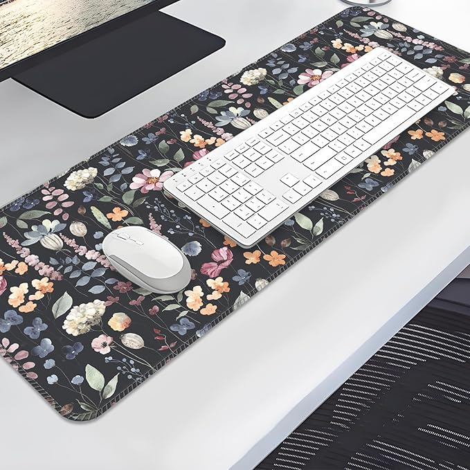 Desk Mat,Big Desk Pad,31.5 x 11.5in Extended Gaming Mouse Pad,Large Mouse Pad for Desk Rubber Base Mousepad with Stitched Edges,Keyboard Mouse Mat for Work Game Office Home - Cute Watercolor Flower