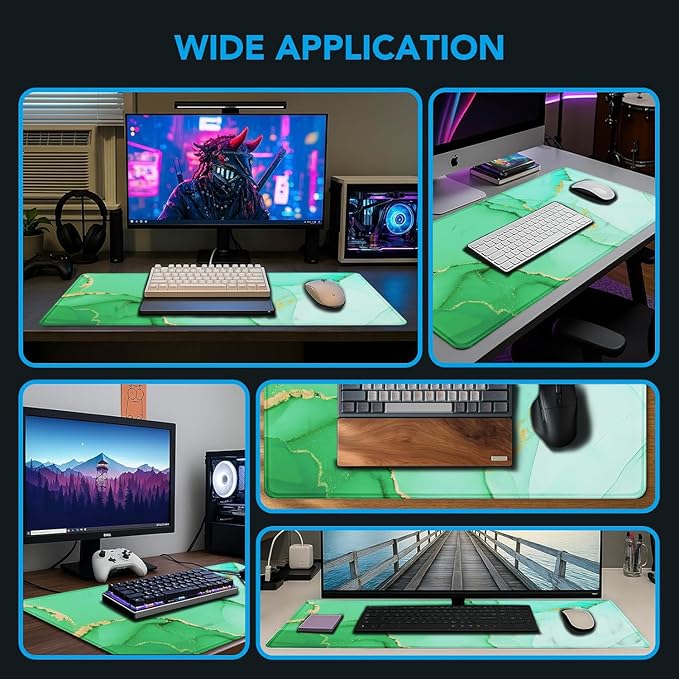 Large Gaming Mouse Pad, Waterproof Mousepad with Stitched Edges, Non-Slip Rubber Base, XXL Computer Long Keyboard Mouse Mat for Gamer, Office & Home, 31.5" x 15.7", Marble Green