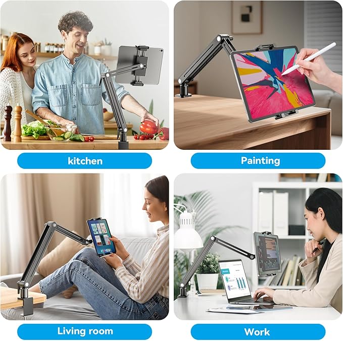 Adjustable Portable Monitor Stand 15.6" - 360° Rotating Base Tall Tablet Desk Arm Holder Stand for iPad Air/Pro/Mini Swivel Flexible Bed Clamp Mount Soporte para Tablet/Monitor Portatil/Ereader