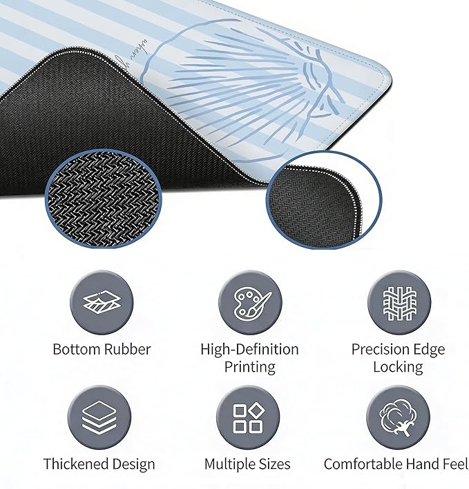 Coastal Mouse Pad Summer Blue Desk Mat, Christian Beach Large Desktop Mats for Desk, Blue and White Long Laptop Keyboard Mat Cute Seashell Gaming Desk Pad Mat Coastal Decor for Office Dorm 31.5x11.8