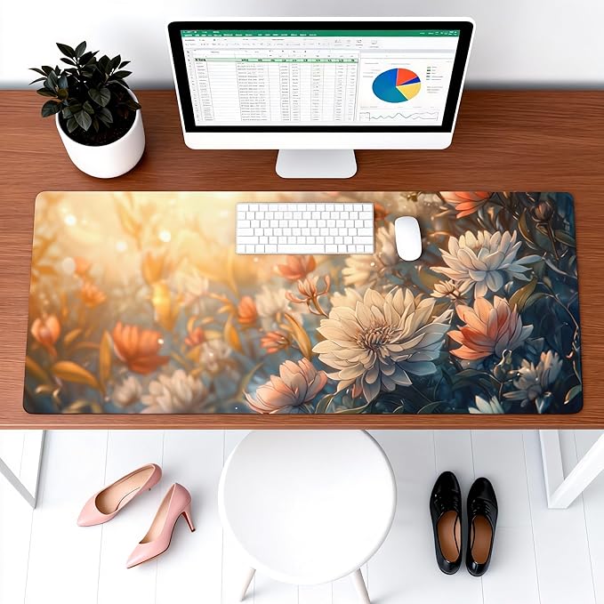 Floral Aesthetic Dahlia Gaming Mouse Pad, Orange White Dreamy Desk Mat with Anti-Slip Base & Stitched Edges, Computer Keyboard & Laptop Pad, 35.4" x 15.7" in in Workstation Accessories