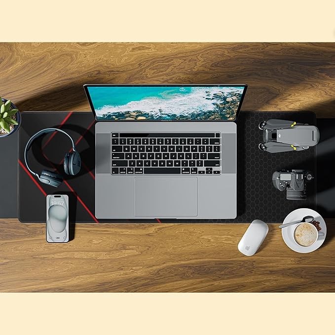 Gaming Desk Pad, Black Red Honeycomb Technology, 31.5"X15.7" Extended Mat with Stitched Edge Non-Slip Base for Office, Keyboard, Laptop