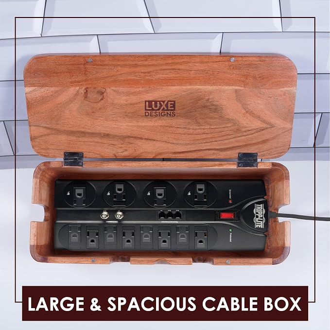 Cable Management Box & Cord Organizer- Cable Organizer for Desk, Home, Office. Hides Wires, Surge Protectors, Power Strips. Eco Friendly Mango Wood Cord Management Solution (Natural Acacia) - Image 9