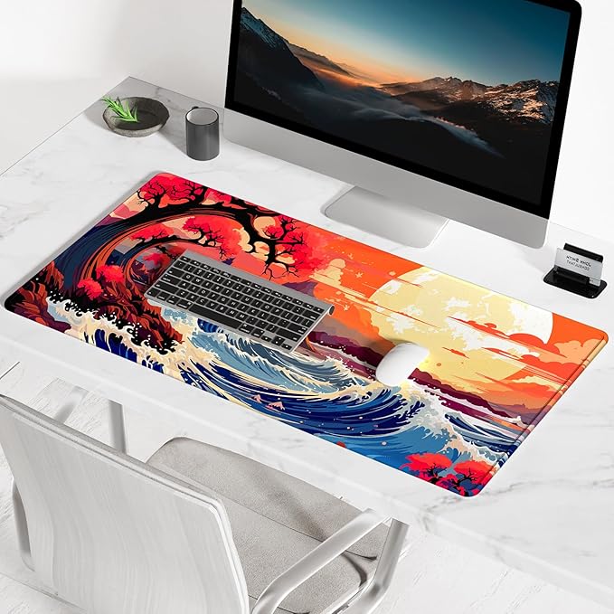 BOSOBO Large Desk Mat, Extended Gaming & Office Home Mat, Long Keyboard Mat, Desktop Full Cover 31.5 x 11.8 Inches, Anime Japan Kanagawa Wave