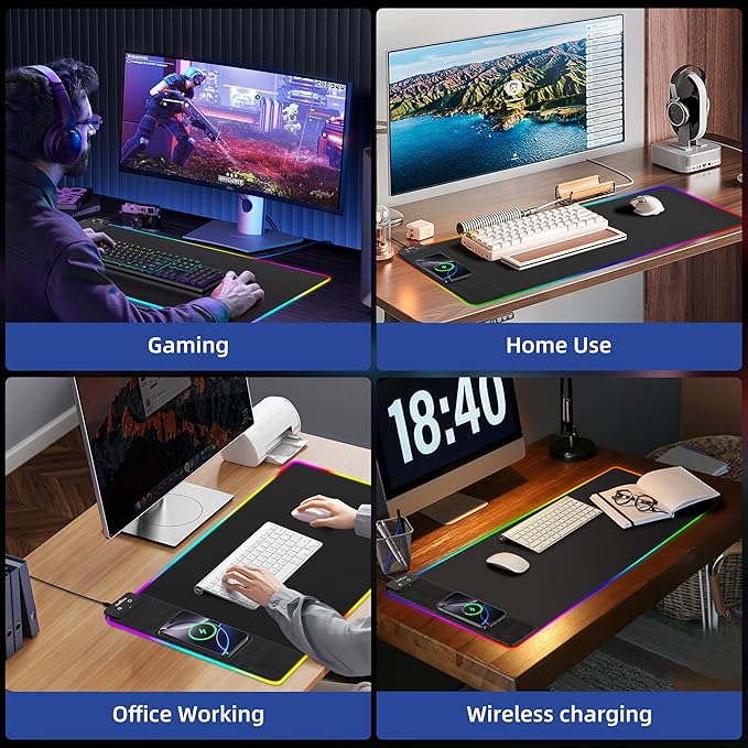 Mouse Pad with Wireless Charging, RGB Gaming Mousepad, Large Desk Mat with Ultra-Smooth Surface, Non-Slip Mouse Mat, Waterproof Computer Keyboard Pad for Gaming, Desk, Office, PC, 800x400x4MM, Black
