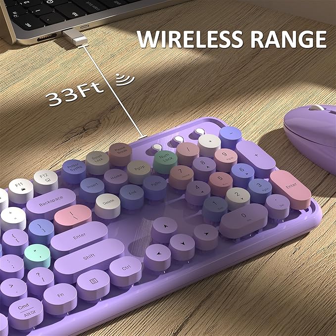 Wireless Keyboard and Mouse, Full-Size Retro Typewriter Keyboard with Round Keycaps, 2.4GHz for Windows, Mac, Laptop, PC, Desktop (Purple Colorful)