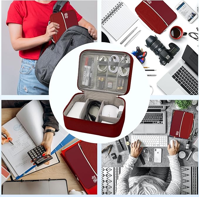 Electronics Organizer,Travel Cord Organizer Pouch, Portable Cable Organizer Bags, Waterproof Electronic Accessories Storage Case for Cables, Cords, Charger, Phone (Double Layer-Winered)
