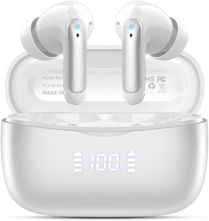 WeurGhy Wireless Earbuds, HiFi Sound Bluetooth 5.3 Headphones with 4 ENC Noise Mic, 56H Playtime Ear Buds with LED Display, USB-C, IPX7 Waterproof Wireless Headphones for Sports Workout