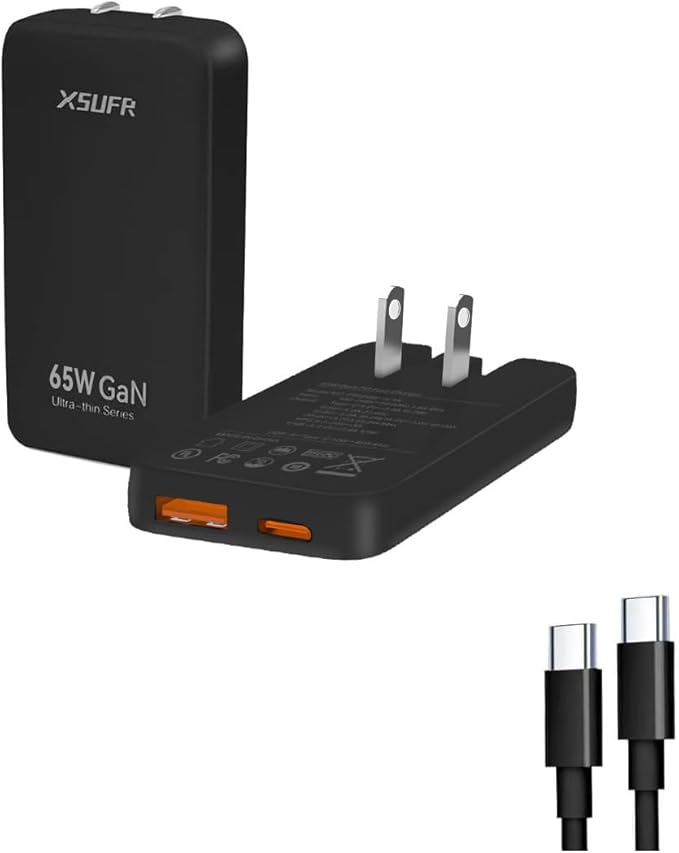 65W Flat USB C Wall Charger,2 Port Ultra-Slim USB C GaN Charger with Foldable Plug for MacBook, iPhone 16/15/14/13/12/11/Pro Max/XS/XR,Galaxy S24/S23/Note20,Includes 2.28ft Fast Charging Cable,Black