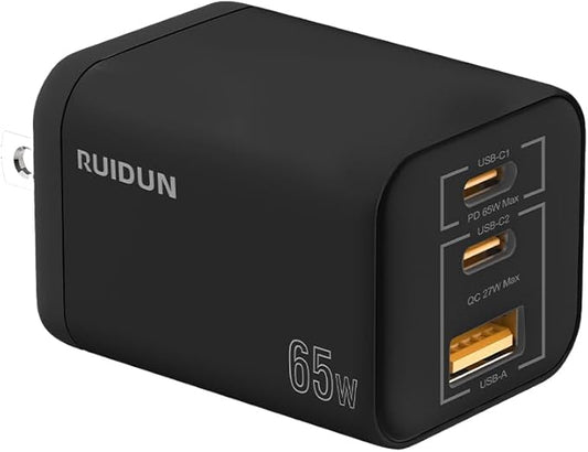 65W USB C Charger,3-Ports PD3.0 GaN Charger for Travel, Fast Charger USB C for MacBook Pro/Air, iPad, Galaxy S24 Ultra, Dell XPS, iPhone 15 Pro and More(Black)