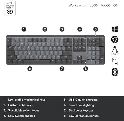 Logitech MX Mechanical Mini Wireless Illuminated Keyboard, Tactile Quiet Switches, Backlit, Bluetooth, USB-C, macOS, Windows, Linux, iOS, Android, Metal