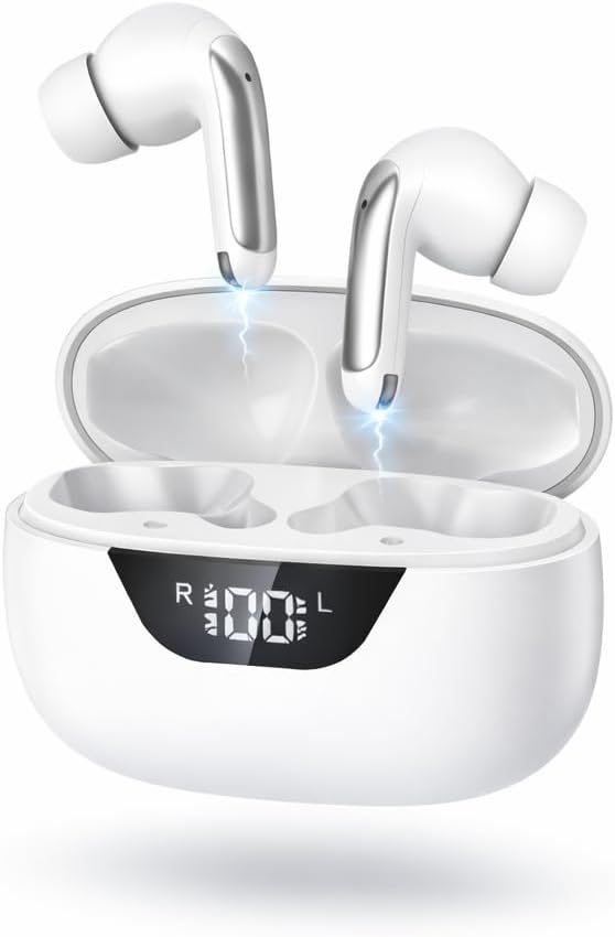 Wireless Earbuds Bluetooth 5.3, 48H Playtime LED Power Display, IPX7 Waterproof Stereo Earphones in-Ear Bluetooth Headphones Android IOS Noise Cancelling Mic for Sports,Phone,Tablet,Laptop(White)