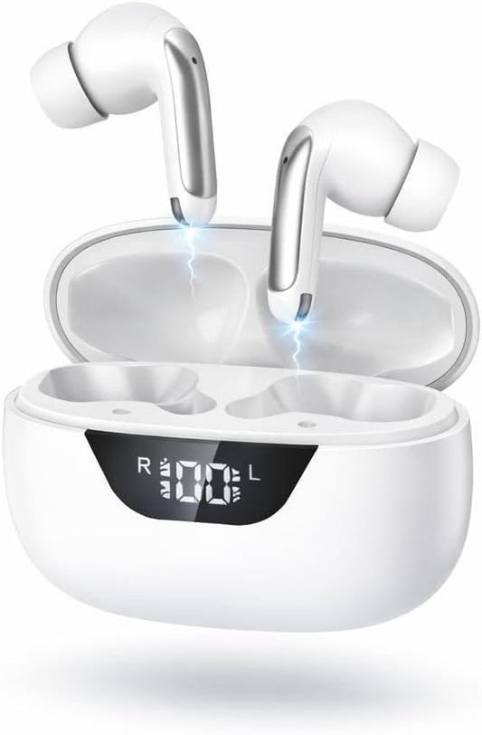 Wireless Earbuds Bluetooth 5.3, 48H Playtime LED Power Display, IPX7 Waterproof Stereo Earphones in-Ear Bluetooth Headphones Android IOS Noise Cancelling Mic for Sports,Phone,Tablet,Laptop(White)