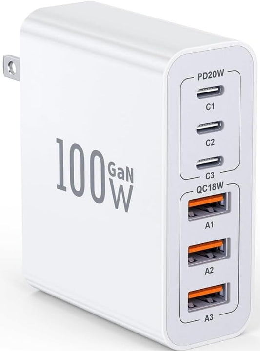 USB C Charger Block, 100W 6-Port Fast Charger Multiport Type C Charging Block, USB Wall Plug Dual PD+QC Charging Cube Brick for iPhone 17/16/15/14/13/12 Pro Max XS, iPad, Samsung Phone, Tablet