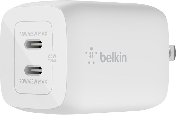 Belkin 65W Dual USB C Charger Block, Super Fast Charging PD3.0 w/ GaN Technology - Samsung Galaxy S25, Apple iPhone 17, Air, Pro, Pro Max, iPad, MacBook, AirPods, Nintendo Switch 2 & More - White
