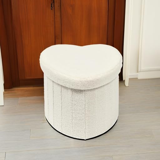 B FSOBEIIALEO Storage Ottoman Cube, Heart Shaped Ottomans with Storage Foot Stool Footrest for Lving Room, Boucle Ottoman Seat for Dorm Room,Faux Teddy Fur, White 15"x15"x15"