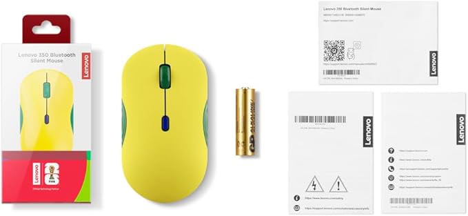 Lenovo 350 Bluetooth Silent Mouse (Fan Edition), Wireless Ergonomic Ambidextrous Design, Bluetooth 5.3, Adjustable DPI up to 2400, 36 Month Battery Life, Recycled Materials, Brazil Flag
