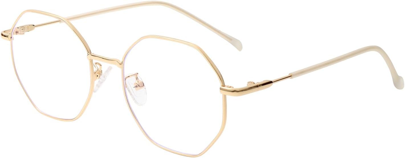 Polygon Blue Light Blocking Glasses for Women Men Retro Octagon Square Non-prescription Metal Frame Eyeglasses