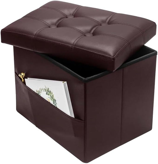 Bsketa Storage Ottoman Foot Rest Stool, Small Leather Storage Ottomans Bench, Folding Footstool with Side Pockets, Foot Rest Under Desk for Living Room Bedroom, 16x12x12 in, Brown