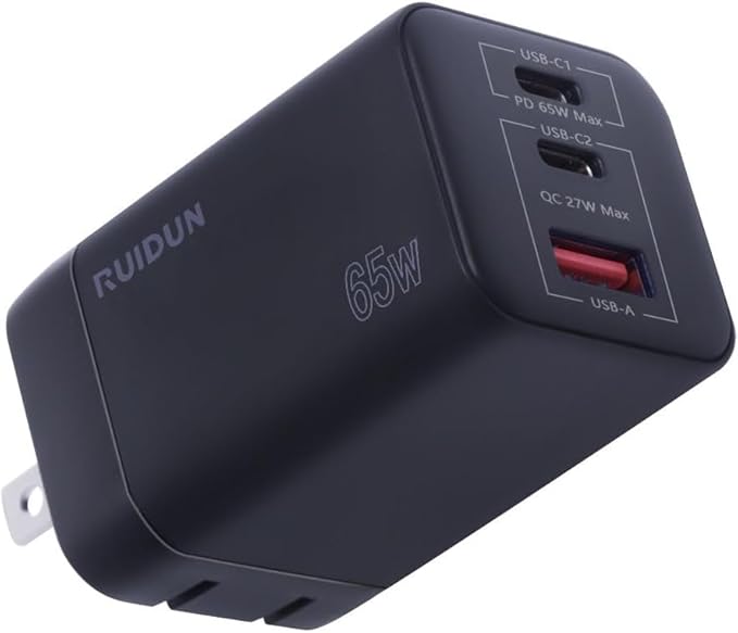 65W USB C Charger,PD3.0 GaN USB C Charger for Travel, Fast Charger for MacBook Pro/Air, iPad, Galaxy S24 Ultra, Dell XPS, iPhone 15 Pro and More (Foldable-Black)