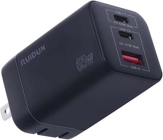 65W USB C Charger,PD3.0 GaN USB C Charger for Travel, Fast Charger for MacBook Pro/Air, iPad, Galaxy S24 Ultra, Dell XPS, iPhone 15 Pro and More (Foldable-Black)