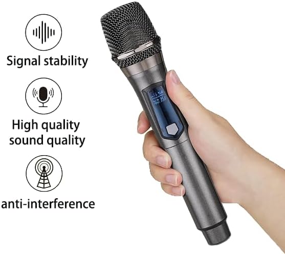 Wireless Microphones, Dual Handheld Dynamic Wireless Mic for Karaoke, Wedding, DJ, Party, Speech, Church, Class, PA System, 200ft, Gray & Red