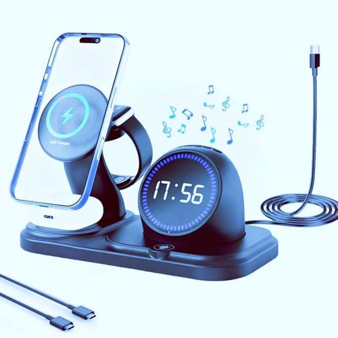 6 in 1 Wireless Charger i-Phone Charging Station: Stand for Multiple Devices for Apples - Compatible i-Phone 17 16 15 14 13 Pro Max Apples Watch Airpods, Design with Wireless Speaker & Clock (Black)