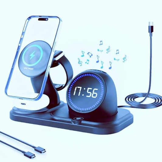 6 in 1 Wireless Charger i-Phone Charging Station: Stand for Multiple Devices for Apples - Compatible i-Phone 17 16 15 14 13 Pro Max Apples Watch Airpods, Design with Wireless Speaker & Clock (Black)