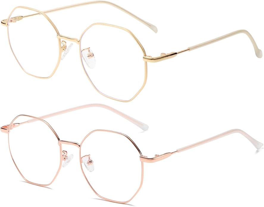 JOVAKIT Polygon Blue Light Blocking Glasses for Women Men Vintage Octagon Square Non-prescription Metal Eyeglasses