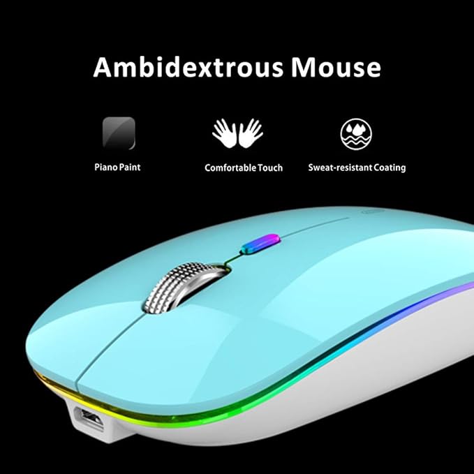 Uiosmuph LED Wireless Mouse, G12 Slim Rechargeable Silent Mouse, 2.4G Portable USB Optical Wireless Computer Mice with USB Receiver and Type C Adapter (Blue)