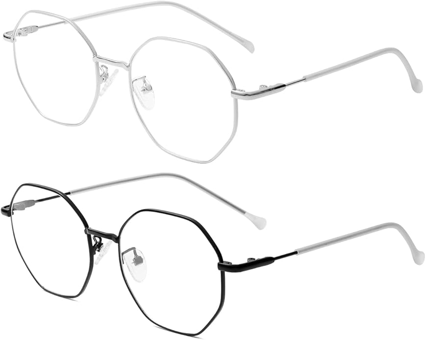 JOVAKIT Polygon Blue Light Blocking Glasses for Women Men Vintage Octagon Square Non-prescription Metal Eyeglasses