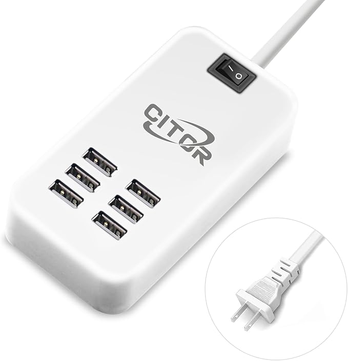 Multi USB Charger, 6 Port USB Charging Station for Multiple Devices, Phone, Tablet, Power Strip with ON/Off Switch (White)
