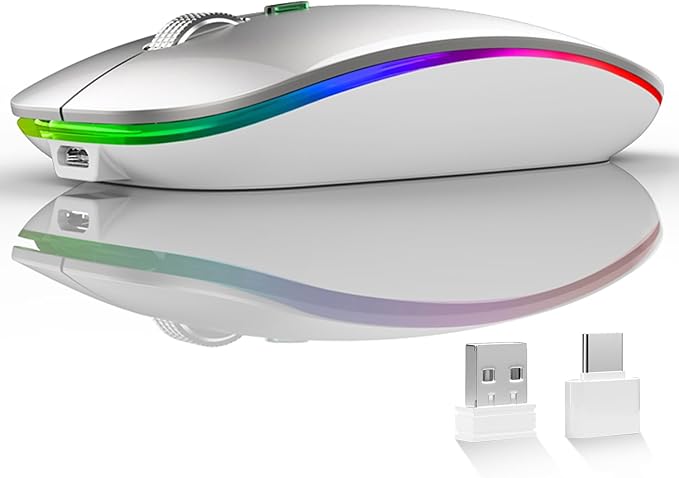 Uiosmuph LED Wireless Mouse, G12 Slim Rechargeable Silent Mouse, 2.4G Portable USB Optical Wireless Computer Mice with USB Receiver and Type C Adapter (Silver)
