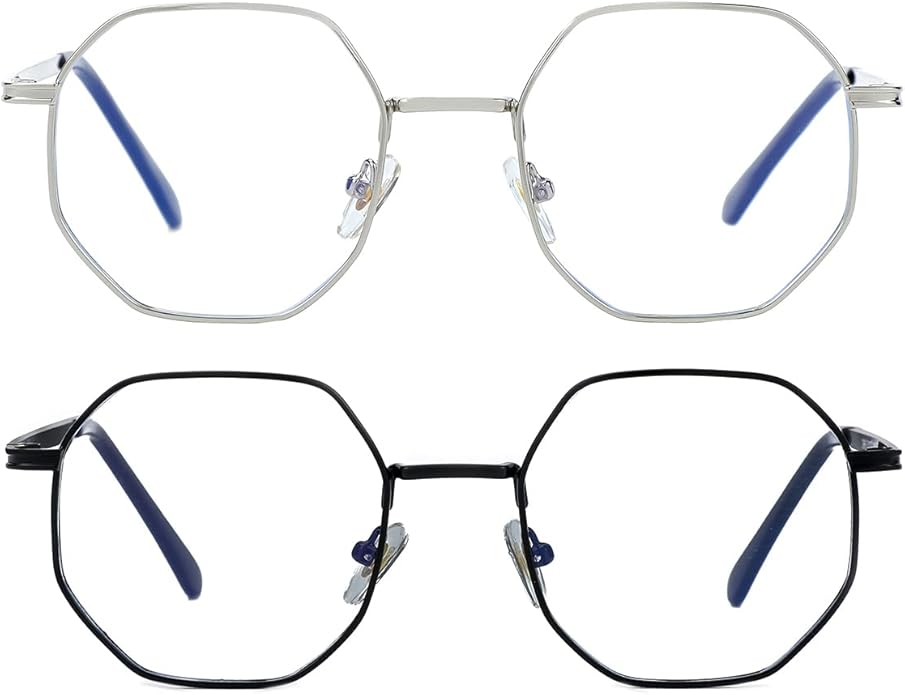 JOVAKIT Polygon Blue Light Blocking Glasses for Women Men Vintage Octagon Square Non-prescription Metal Eyeglasses