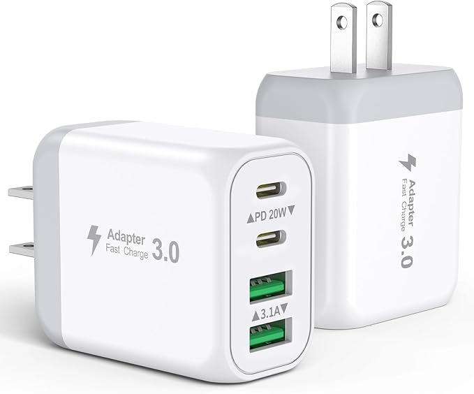 40W USB C Charger Block, 2-Pack 4-Port Fast Charging Block Power Adapter, Dual PD & QC Type-C Multiport Wall Charger for iPhone 17 16 15 14 13 12 11 Pro Max, Samsung, Tablets