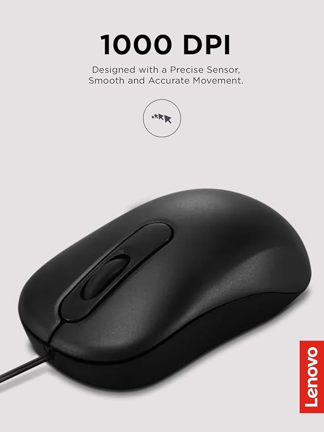 Lenovo 100 Wired USB Computer Mouse for PC, Laptop, Computer with Windows - Full-Size - Ambidextrous Design - 3 Buttons - Red Optical Sensor ?€? Black
