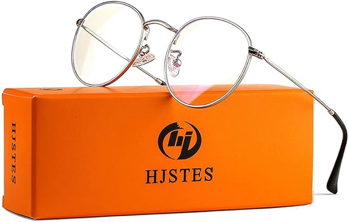 HJSTES Round Blue Light Glasses for Women Men Retro Circle Clear Lens Metal Frame Eyeglasses