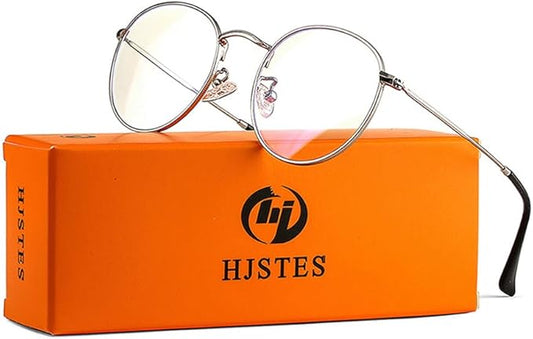 HJSTES Round Blue Light Glasses for Women Men Retro Circle Clear Lens Metal Frame Eyeglasses