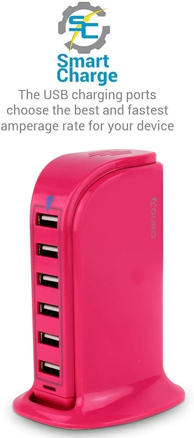 Aduro 40W 6-Port USB Desktop Charging Station HubWall Charger for iPhone iPad Tablets Smartphones with Smart Flow (Pink)