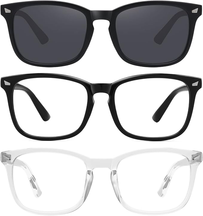 MEETSUN 3-Pack Blue Light Blocking Glasses, Anti Eye Strain Headache (Sleep Better), Computer Glasses UV400 Lens (Black + Clear + Matte Black Frame/Grey Lens)