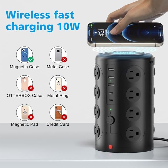 Surge Protector Power Strip,Desk Charging Station with 15W Wireless Charger, Multiple Outlets Charging Station with 16 AC Outlets & 5 USB (2 USB C) Port, for Home, Office, Dorm Room (10FT)