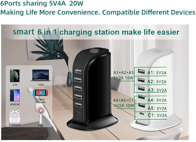 USB Charging Station for Multiple Devices, 5 USB Ports + 1 Type C Multiport Charger Tower, Compatible with Smartphones, Tablets and Other Devices