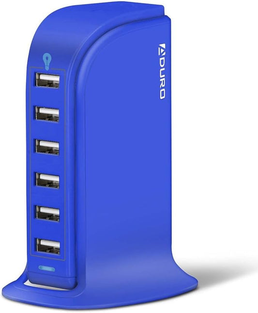 Aduro 40W 6-Port USB Desktop Charging Station Hub Wall Charger for iPhone iPad Tablets Smartphones with Smart Flow (Blue)