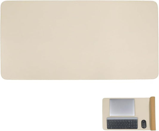 Double-Sided Keyboard Mouse Pad, 31.5"x15.7" PU Leather and Cork Desk Mat Large Overlocked-Edge Desk Pad with Matching Thread, Light Apricot